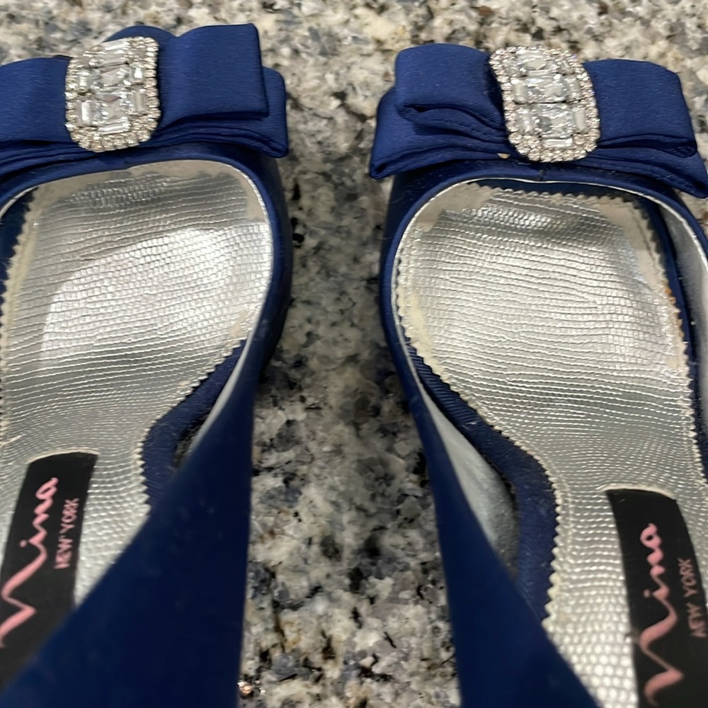 Nina Blue Satin Peep Toe Heels - Picture 4 of 11